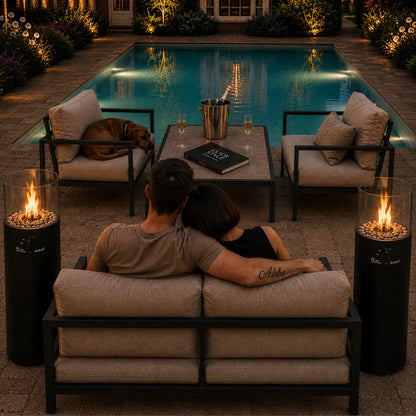 Cosiscoop Matt Black Outdoor Gas Fire Lantern with Cylindrical Metal Design Glass Guard Hidden 5kg Propane Gas Bottle Compartment Decorative Pebbles Floor-Standing 106x36x41cm | Click Style