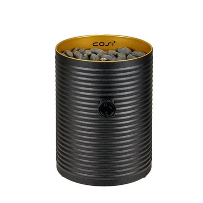 Cosiscoop Matt Black Ribbed Metal Gas Fire Lantern with Lid & Pebble Stones – Cylindrical Outdoor Tabletop Firepit 25x16x16cm - Click Style