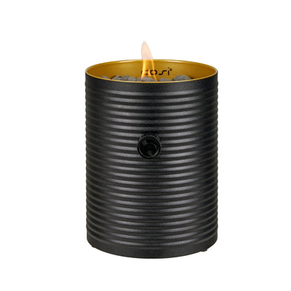 Cosiscoop Matt Black Ribbed Metal Gas Fire Lantern with Lid & Pebble Stones – Cylindrical Outdoor Tabletop Firepit 25x16x16cm - Click Style