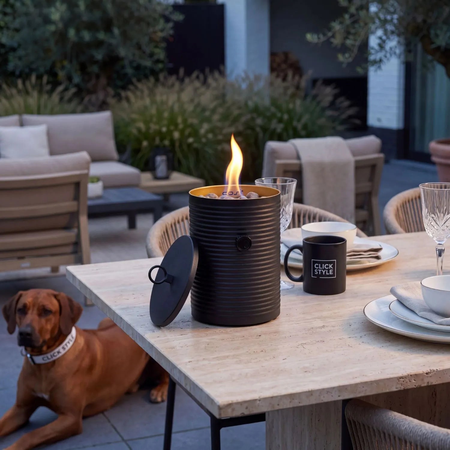 Cosiscoop Matt Black Ribbed Metal Cylindrical Outdoor Tabletop Gas Fire Lantern with Matching Lid for 190g Gas Cartridge 25x16x16cm | Click Style