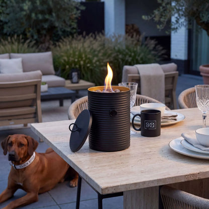 Cosiscoop Matt Black Ribbed Metal Cylindrical Outdoor Tabletop Gas Fire Lantern with Matching Lid for 190g Gas Cartridge 25x16x16cm | Click Style