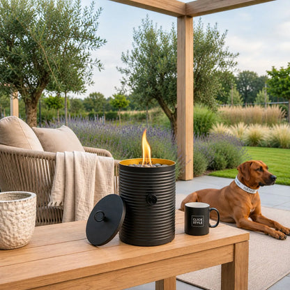 Cosiscoop Matt Black Cylindrical Ribbed Metal Outdoor Tabletop Gas Fire Lantern with Gold Interior Real Flame and Pebble Stones 25x16x16cm | Click Style