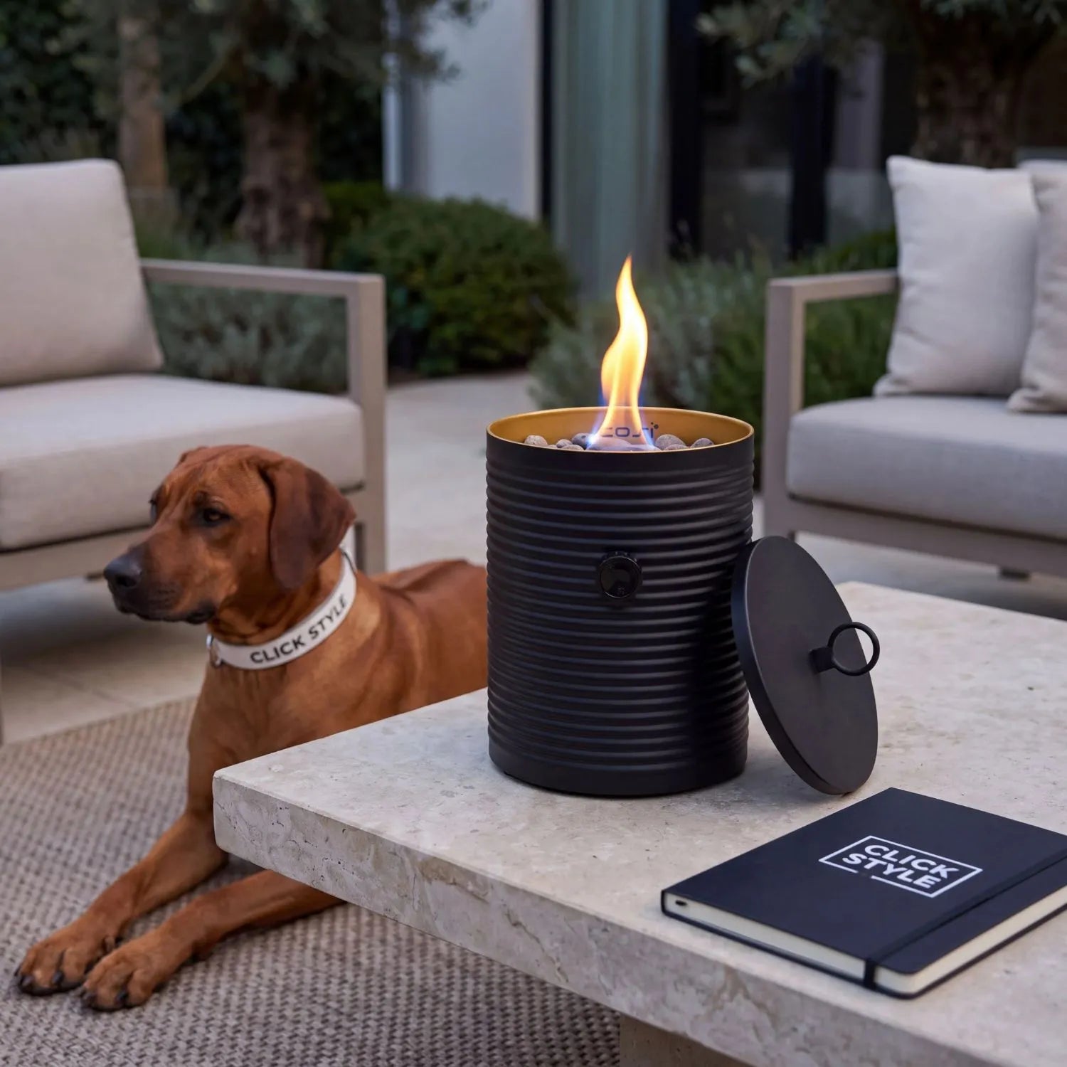 Cosiscoop Matt Black Ribbed Metal Outdoor Tabletop Gas Fire Lantern with Real Flame Powder-Coated Finish and Matching Lid 25x16x16cm | Click Style