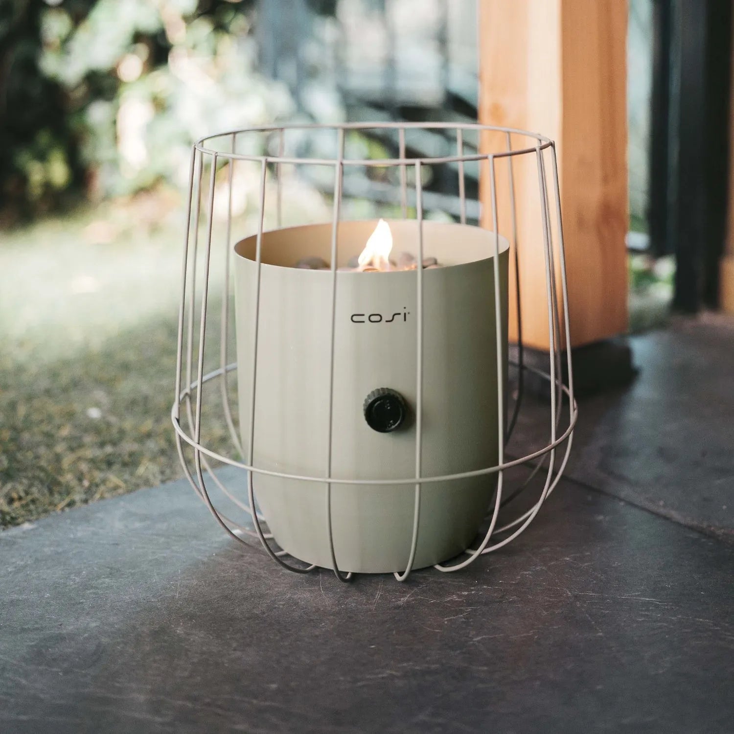 Cosiscoop Sage Green Metal Gas Fire Lantern with Wire Basket Frame - Modern Scandi Outdoor Tabletop Firepit 31x26x26 - Click Style