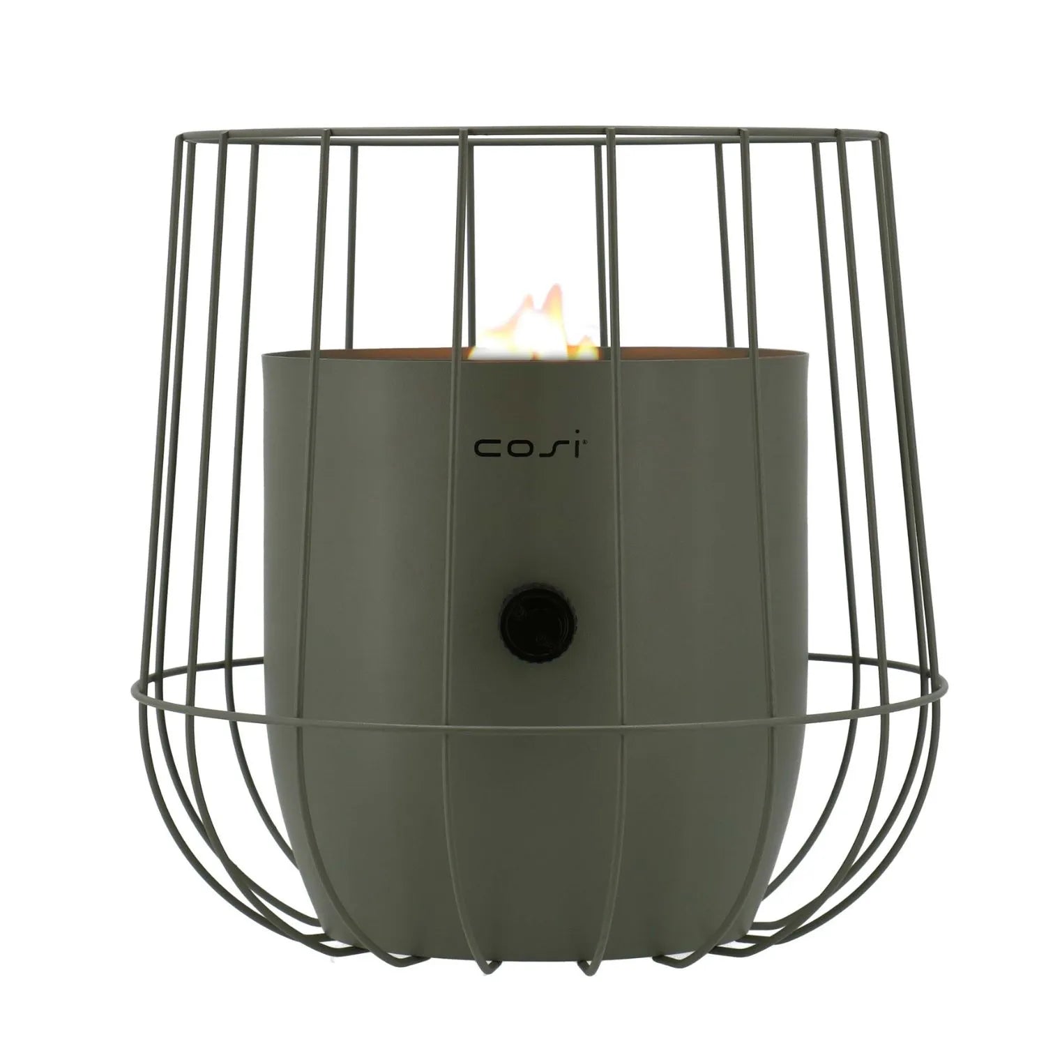 Cosiscoop Sage Green Metal Gas Fire Lantern with Wire Basket Frame - Modern Scandi Outdoor Tabletop Firepit 31x26x26 - Click Style