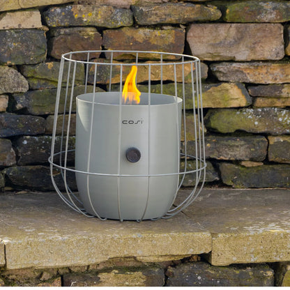 Cosiscoop Sage Green Metal Gas Fire Lantern with Wire Basket Frame - Modern Scandi Outdoor Tabletop Firepit 31x26x26 - Click Style