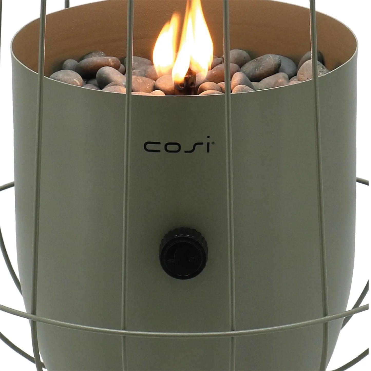 Cosiscoop Sage Green Metal Gas Fire Lantern with Wire Basket Frame - Modern Scandi Outdoor Tabletop Firepit 31x26x26 - Click Style