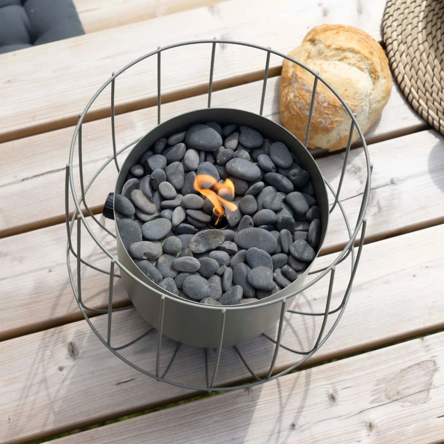 Cosiscoop Sage Green Metal Gas Fire Lantern with Wire Basket Frame - Modern Scandi Outdoor Tabletop Firepit 31x26x26 - Click Style