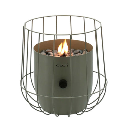 Cosiscoop Sage Green Metal Gas Fire Lantern with Wire Basket Frame - Modern Scandi Outdoor Tabletop Firepit 31x26x26 - Click Style