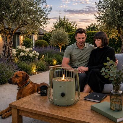 Cosiscoop Sage Green Metal Outdoor Tabletop Gas Fire Lantern with Portable Freestanding Wire Basket Frame 31x31x31cm | Click Style