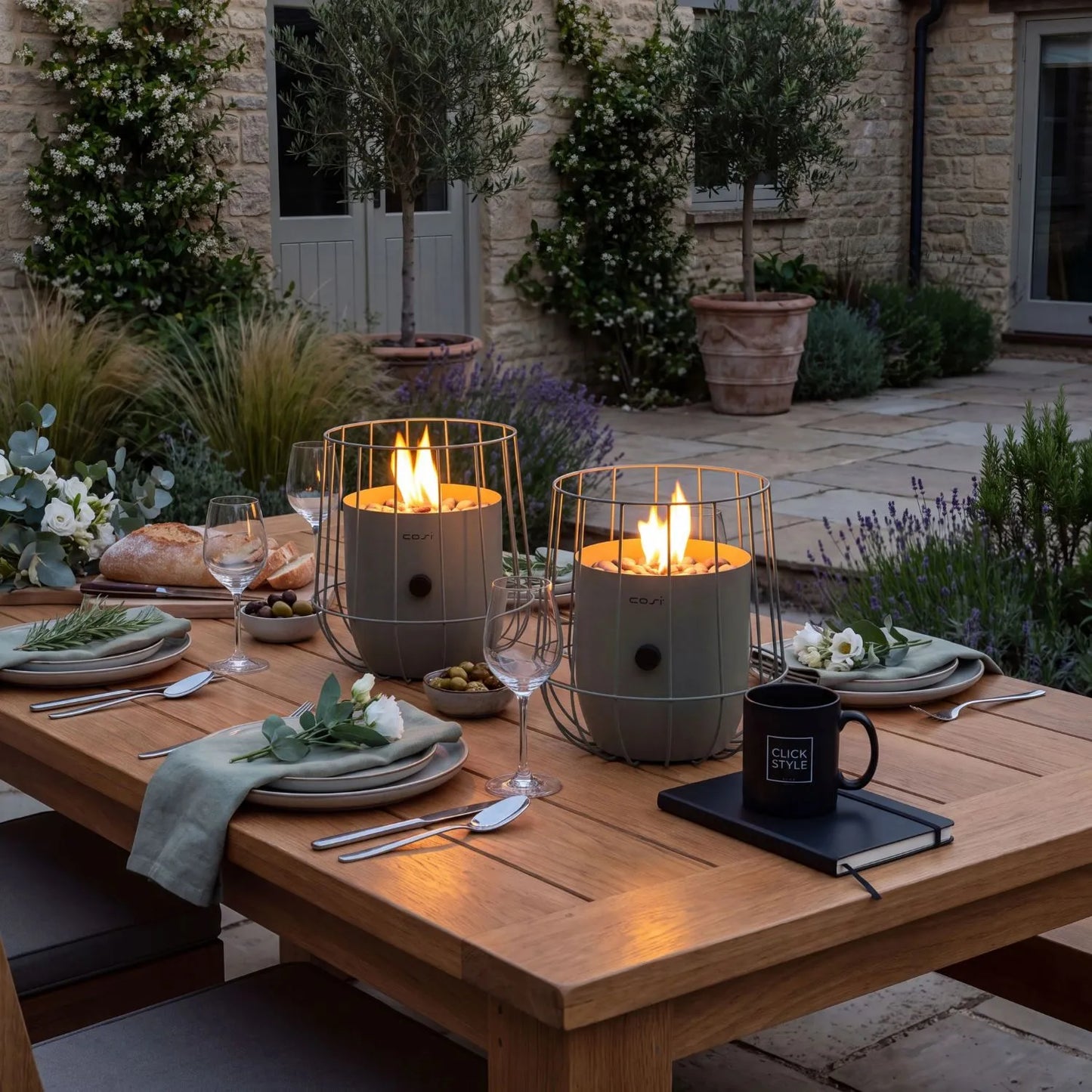 Cosiscoop Sage Green Metal Outdoor Tabletop Gas Fire Lantern with Scandinavian Style Wire Basket Frame 31x31x31cm | Click Style