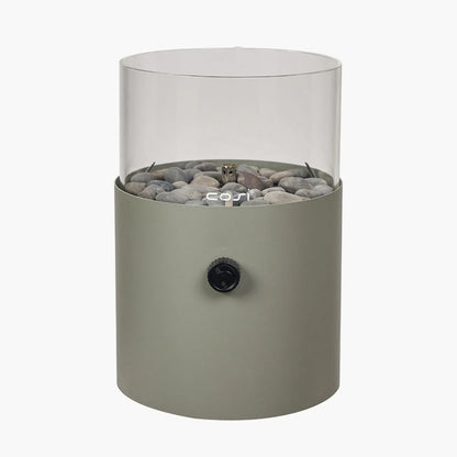 Cosiscoop Sage Green Metal & Glass Gas Fire Lantern with Cylindrical Base - Outdoor Tabletop Firepit 30x21x21cm - Click Style