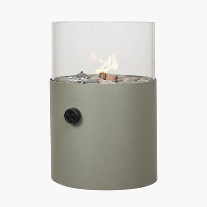 Cosiscoop Sage Green Metal & Glass Gas Fire Lantern with Cylindrical Base - Outdoor Tabletop Firepit 30x21x21cm - Click Style