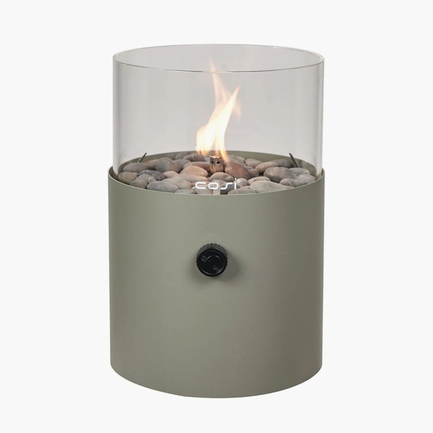 Cosiscoop Sage Green Metal & Glass Gas Fire Lantern with Cylindrical Base - Outdoor Tabletop Firepit 30x21x21cm - Click Style