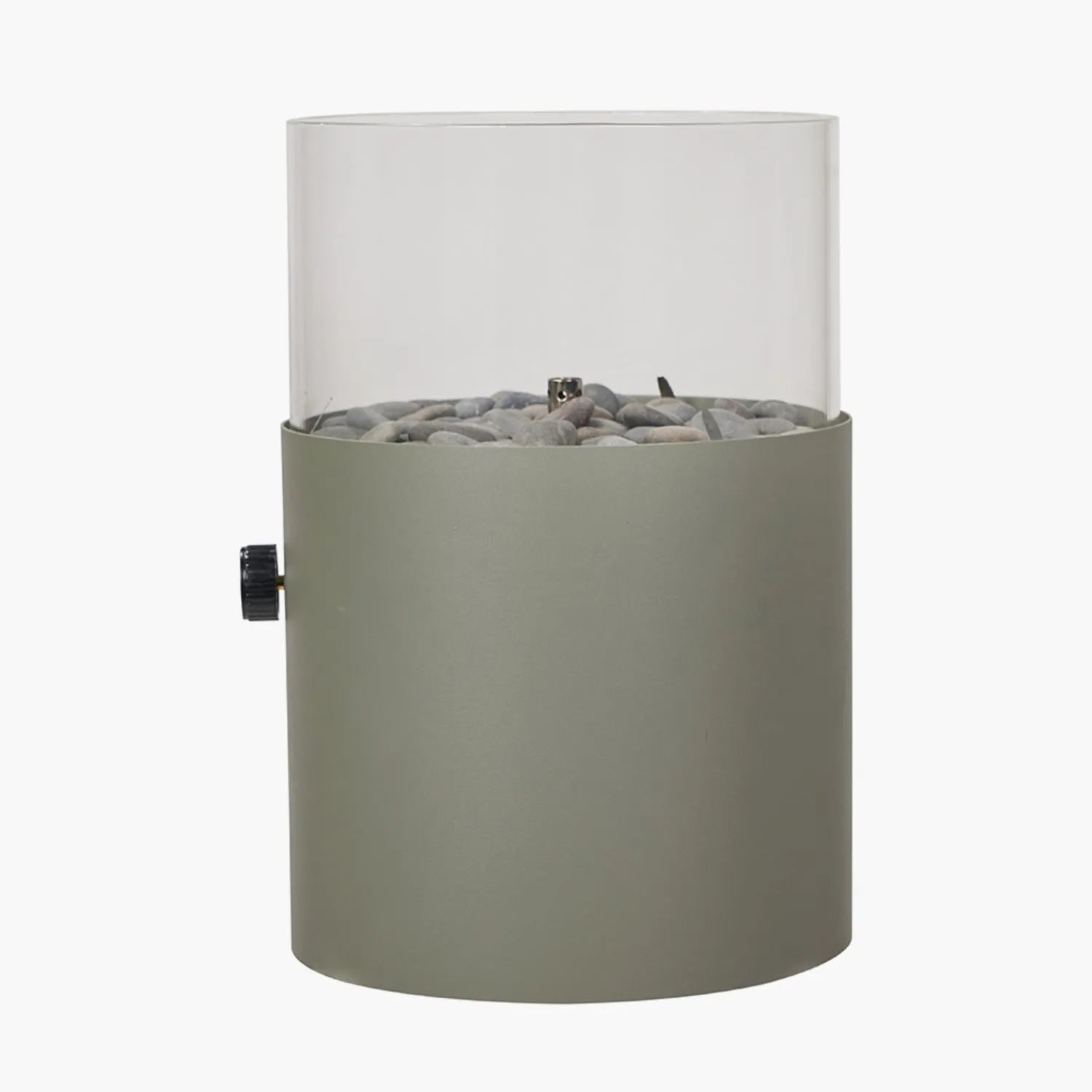 Cosiscoop Sage Green Metal & Glass Gas Fire Lantern with Cylindrical Base - Outdoor Tabletop Firepit 30x21x21cm - Click Style