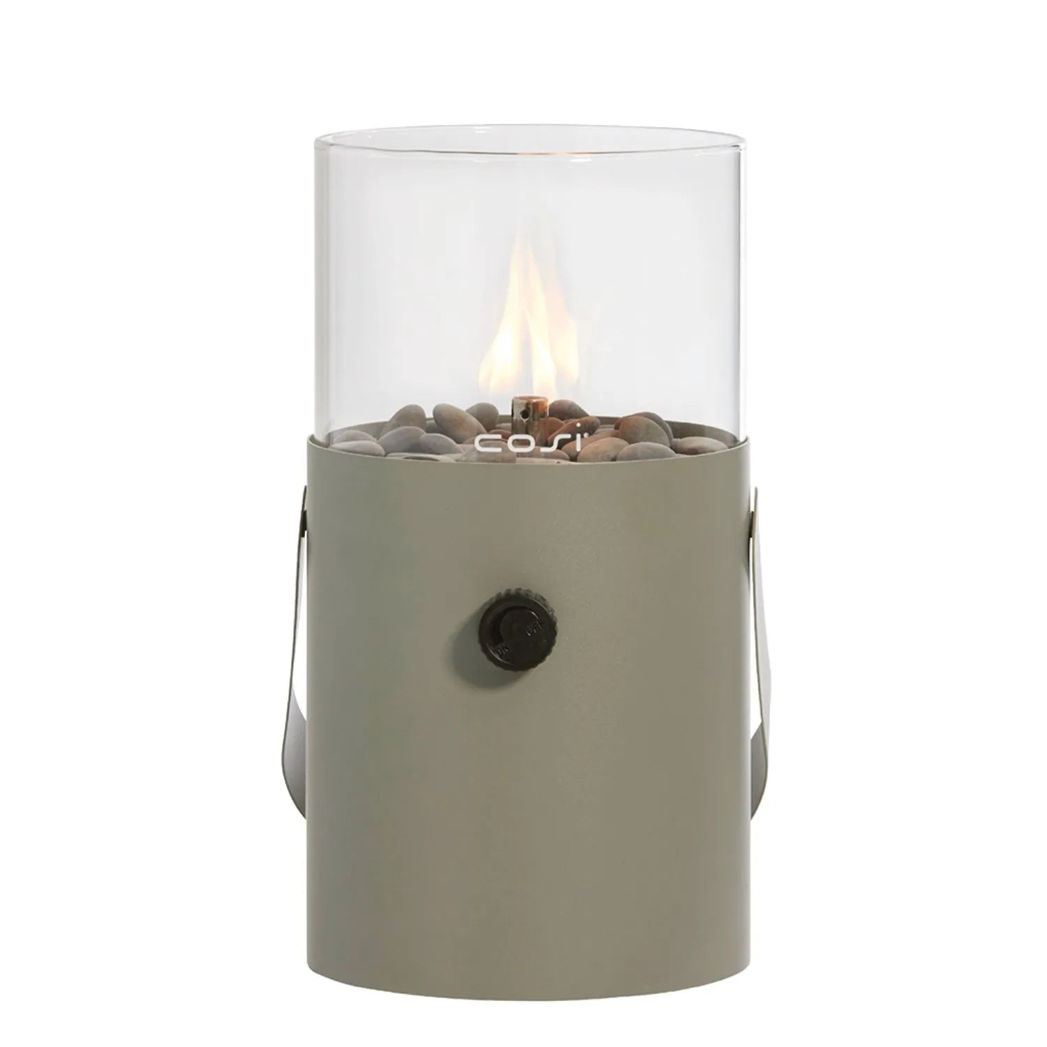 Cosiscoop Sage Green Metal & Glass Gas Fire Lantern with Cylindrical Base & Handle - Outdoor Tabletop Firepit 30x16x16cm Click Style