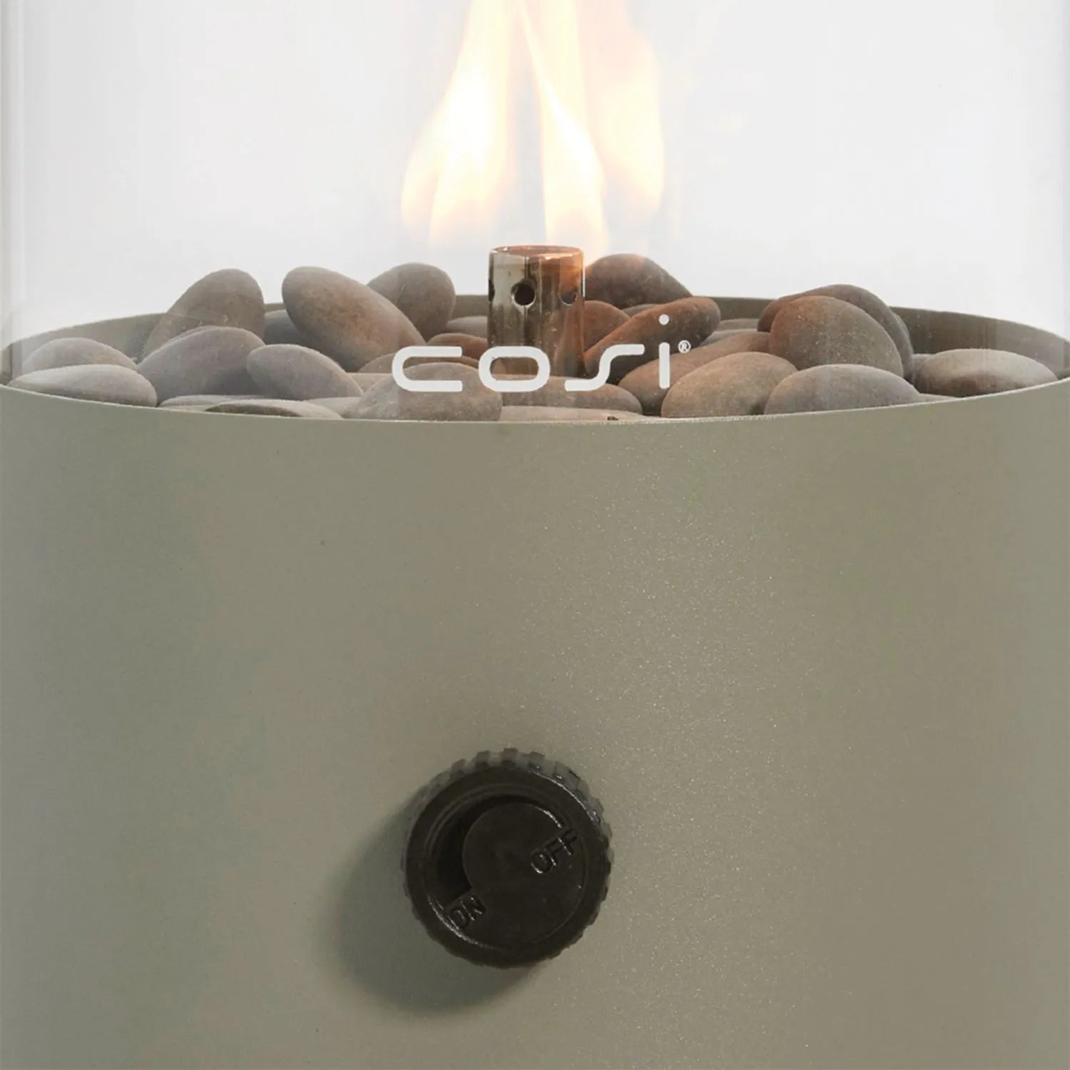 Cosiscoop Sage Green Metal & Glass Gas Fire Lantern with Cylindrical Base & Handle - Outdoor Tabletop Firepit 30x16x16cm Click Style