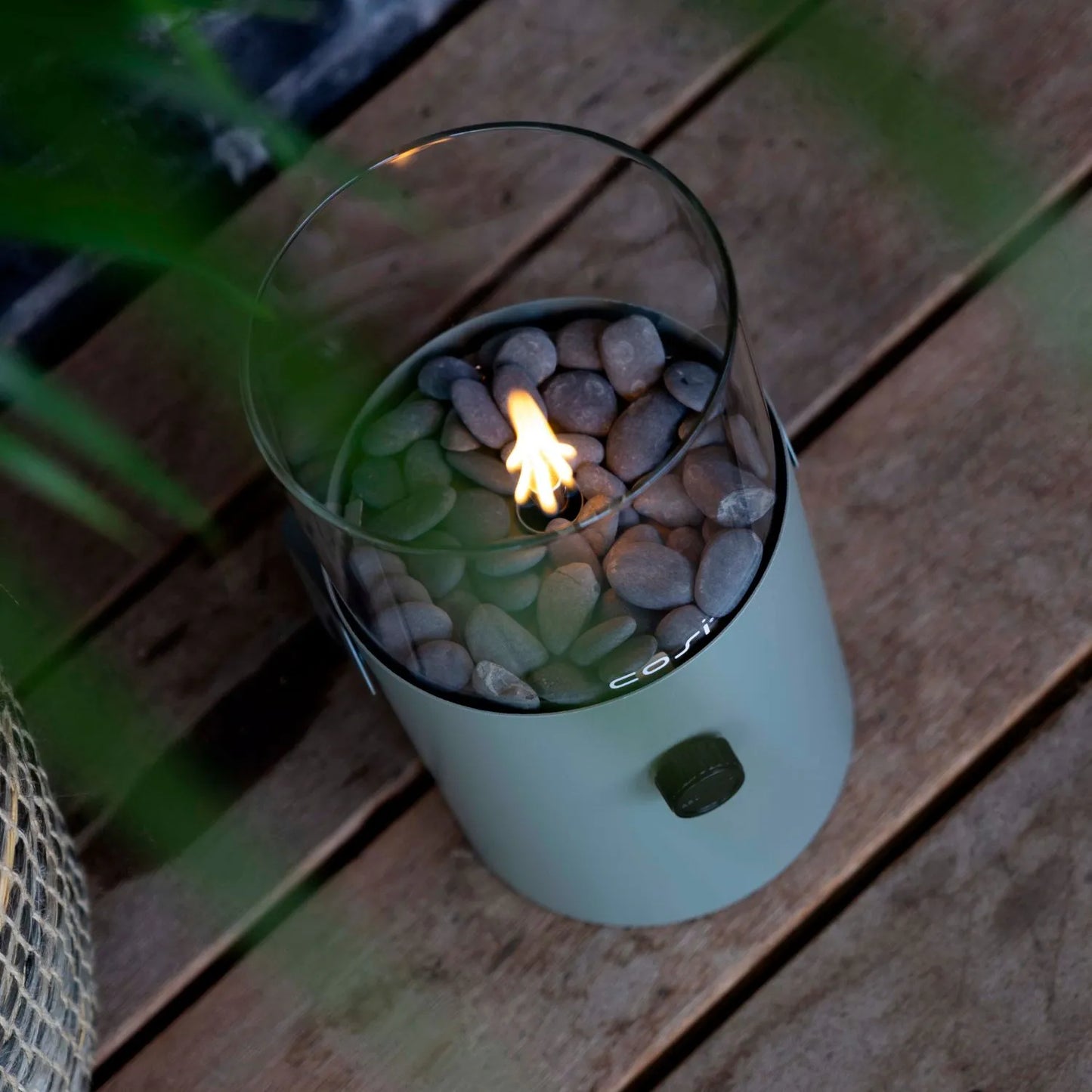 Cosiscoop Sage Green Metal & Glass Gas Fire Lantern with Cylindrical Base & Handle - Outdoor Tabletop Firepit 30x16x16cm Click Style