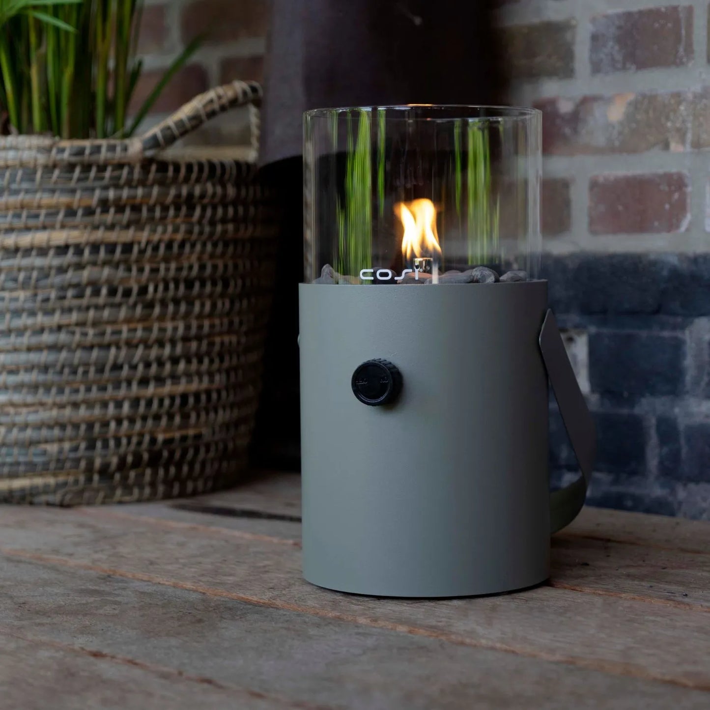 Cosiscoop Sage Green Metal & Glass Gas Fire Lantern with Cylindrical Base & Handle - Outdoor Tabletop Firepit 30x16x16cm Click Style