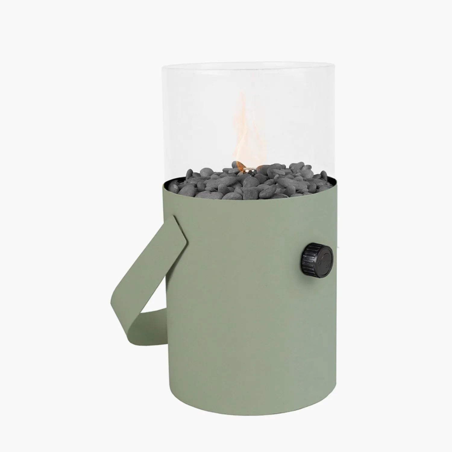 Cosiscoop Sage Green Metal & Glass Gas Fire Lantern with Cylindrical Base & Handle - Outdoor Tabletop Firepit 30x16x16cm Click Style