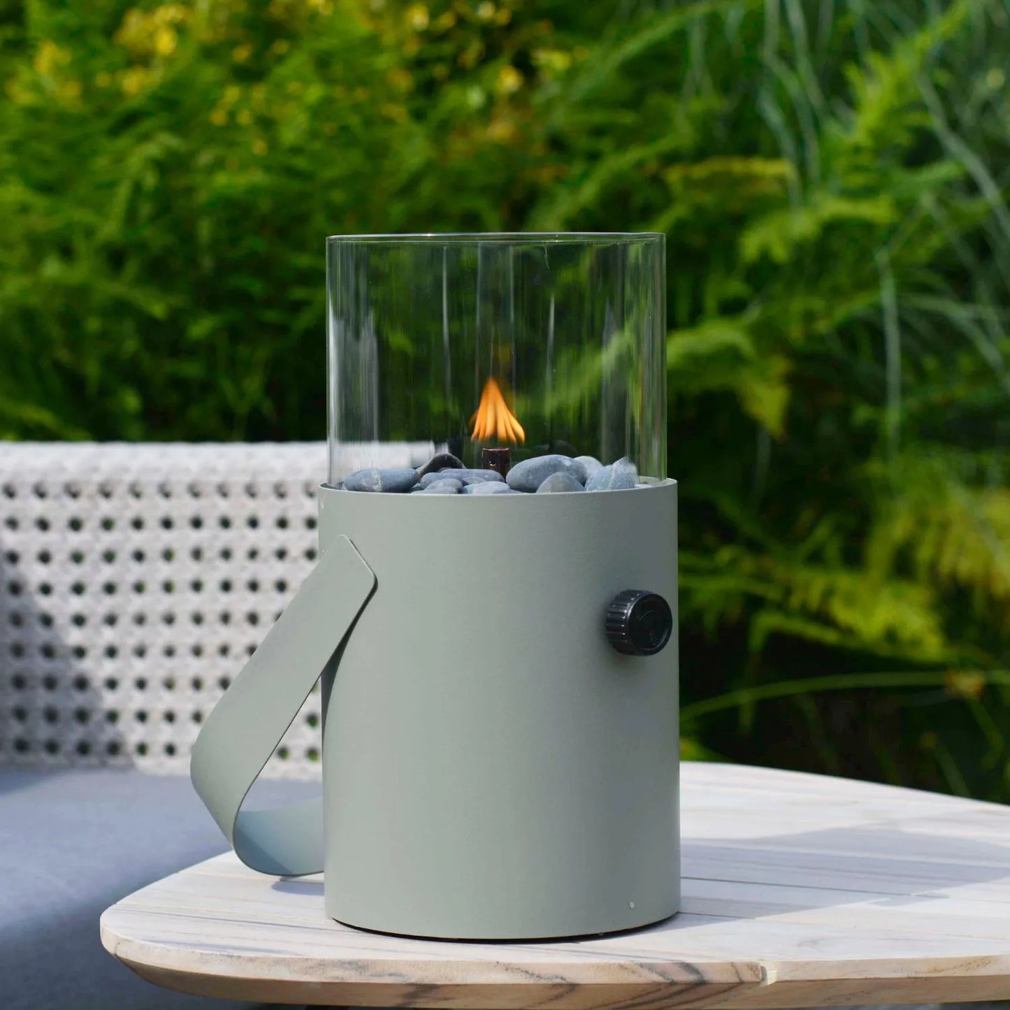 Cosiscoop Sage Green Metal & Glass Gas Fire Lantern with Cylindrical Base & Handle - Outdoor Tabletop Firepit 30x16x16cm Click Style