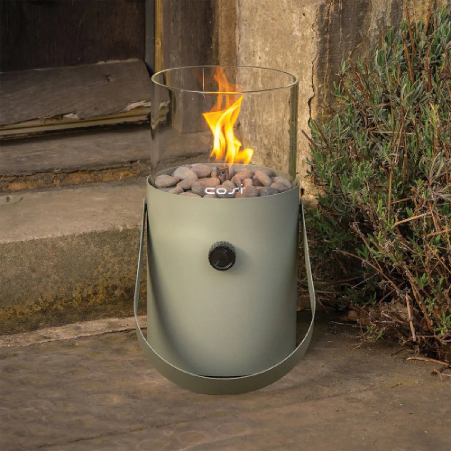 Cosiscoop Sage Green Metal & Glass Gas Fire Lantern with Cylindrical Base & Handle - Outdoor Tabletop Firepit 30x16x16cm Click Style