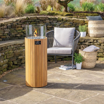 Cosiscoop Teak Cylindrical Floor-Standing Pillar Fire Lantern with Glass Guard & Pebble Stones – Propane Outdoor Firepit 106x36x36cm - Click Style