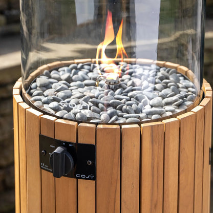 Cosiscoop Teak Cylindrical Floor-Standing Pillar Fire Lantern with Glass Guard & Pebble Stones – Propane Outdoor Firepit 106x36x36cm - Click Style