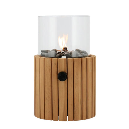 Cosiscoop Teak Cylindrical Gas Fire Lantern with Glass Guard & Pebble Stones – Modern Outdoor Wooden Tabletop Firepit 32x18x18cm - Click Style