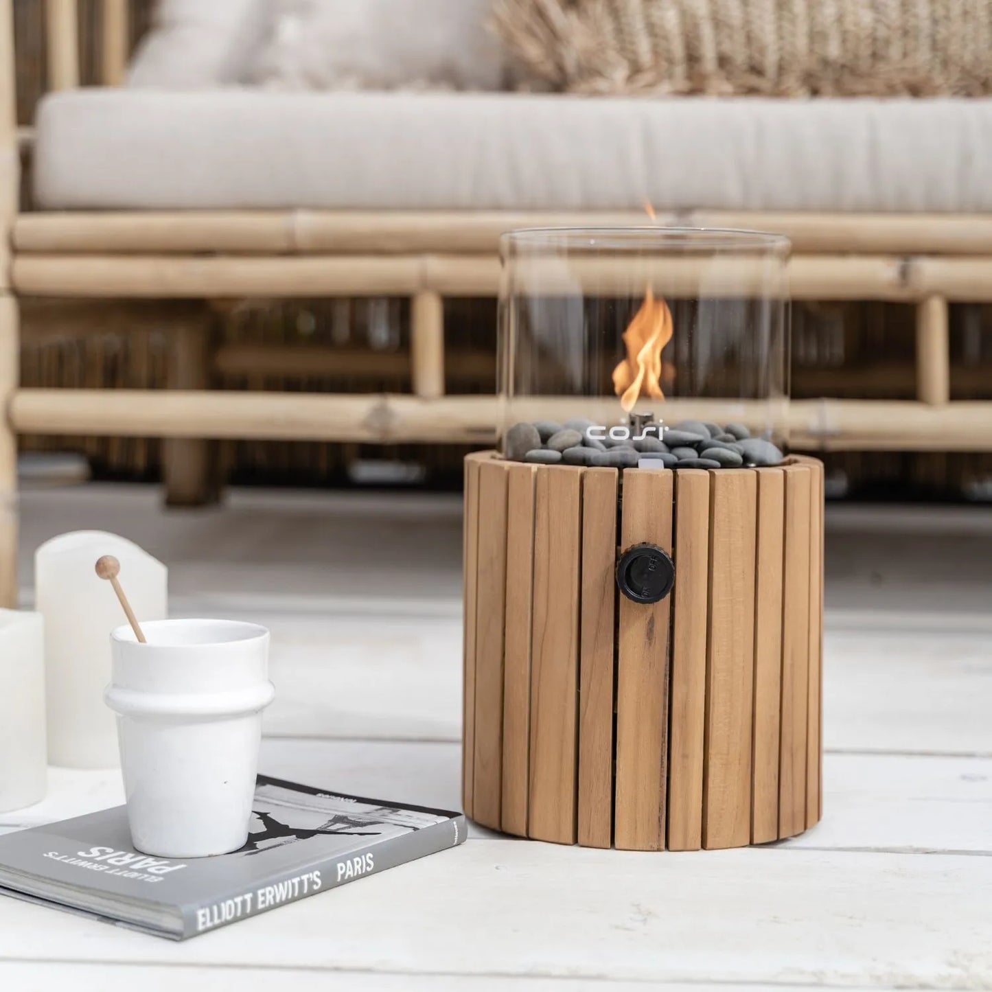 Cosiscoop Teak Cylindrical Gas Fire Lantern with Glass Guard & Pebble Stones – Modern Outdoor Wooden Tabletop Firepit 32x18x18cm - Click Style