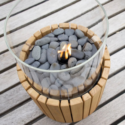 Cosiscoop Teak Cylindrical Gas Fire Lantern with Glass Guard & Pebble Stones – Modern Outdoor Wooden Tabletop Firepit 32x18x18cm - Click Style