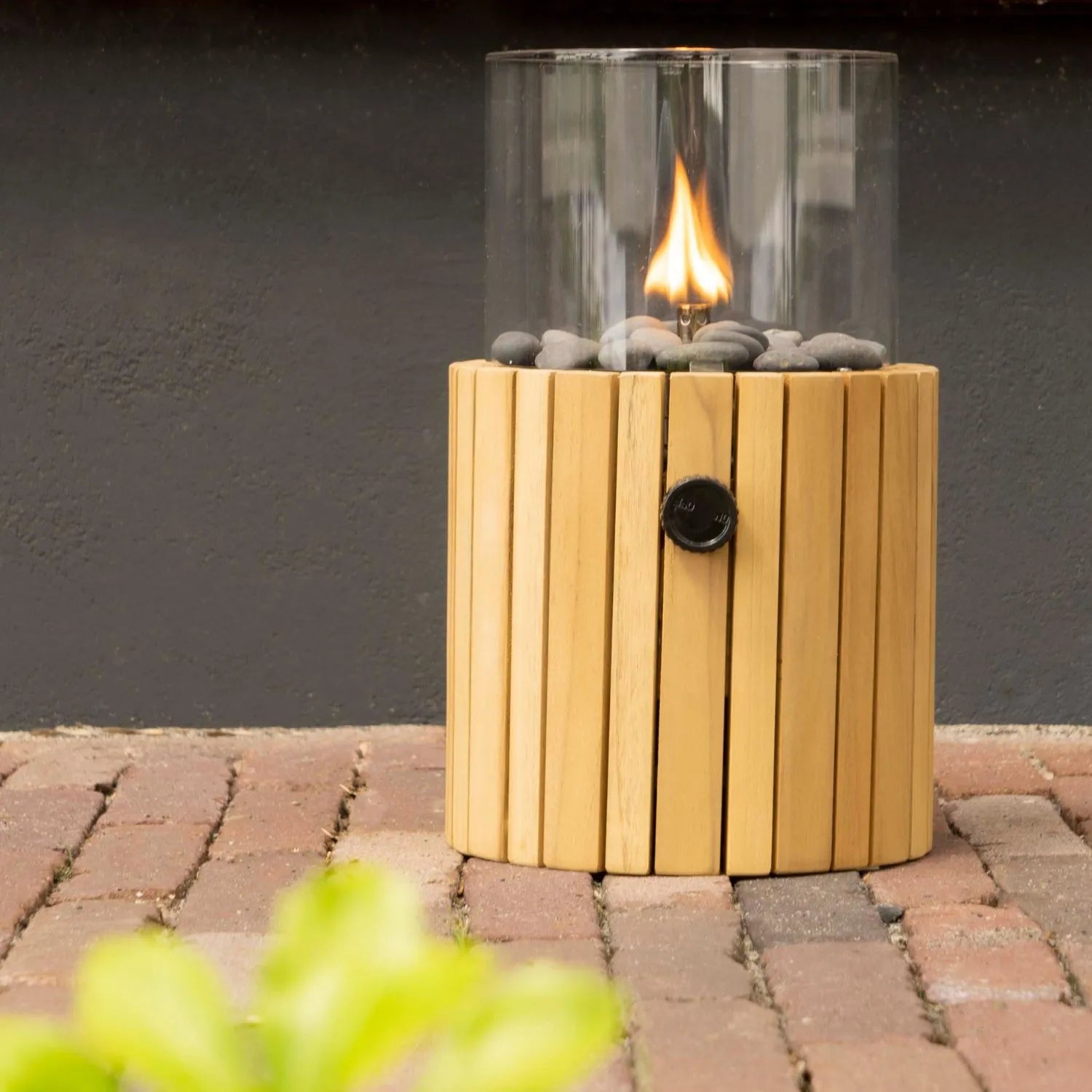 Cosiscoop Teak Cylindrical Gas Fire Lantern with Glass Guard & Pebble Stones – Modern Outdoor Wooden Tabletop Firepit 32x18x18cm - Click Style