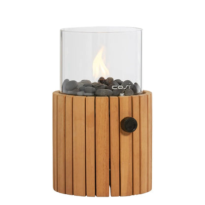 Cosiscoop Teak Cylindrical Gas Fire Lantern with Glass Guard & Pebble Stones – Modern Outdoor Wooden Tabletop Firepit 32x18x18cm - Click Style