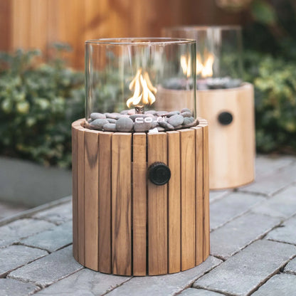 Cosiscoop Teak Cylindrical Gas Fire Lantern with Glass Guard & Pebble Stones – Modern Outdoor Wooden Tabletop Firepit 32x18x18cm - Click Style