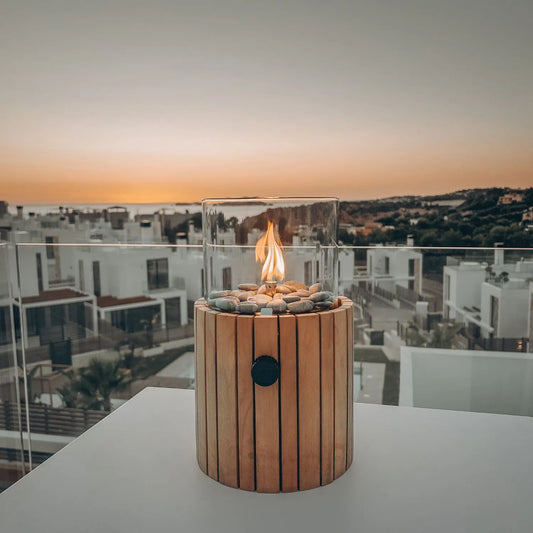 Cosiscoop Teak Cylindrical Gas Fire Lantern with Glass Guard & Pebble Stones – Modern Outdoor Wooden Tabletop Firepit 32x18x18cm - Click Style