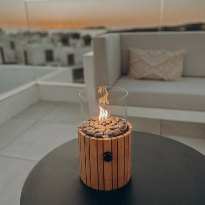 Cosiscoop Teak Cylindrical Gas Fire Lantern with Glass Guard & Pebble Stones – Modern Outdoor Wooden Tabletop Firepit 32x18x18cm - Click Style