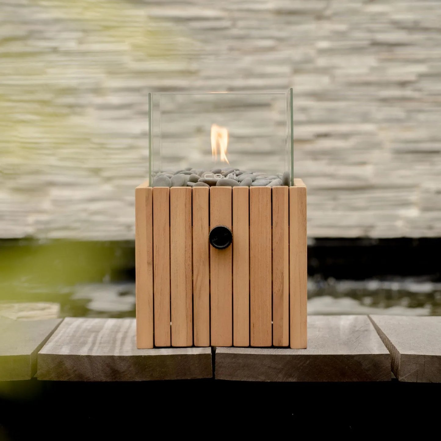 Cosiscoop Teak Square Gas Fire Lantern with Glass Guard & Pebble Stones – Modern Outdoor Wooden Tabletop Firepit 30x20x20cm - Click Style