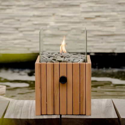 Cosiscoop Teak Square Gas Fire Lantern with Glass Guard & Pebble Stones – Modern Outdoor Wooden Tabletop Firepit 30x20x20cm - Click Style