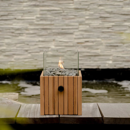 Cosiscoop Teak Square Gas Fire Lantern with Glass Guard & Pebble Stones – Modern Outdoor Wooden Tabletop Firepit 30x20x20cm - Click Style