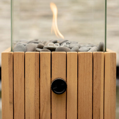 Cosiscoop Teak Square Gas Fire Lantern with Glass Guard & Pebble Stones – Modern Outdoor Wooden Tabletop Firepit 30x20x20cm - Click Style