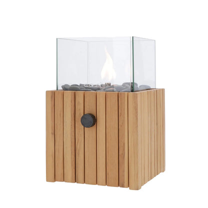 Cosiscoop Teak Square Gas Fire Lantern with Glass Guard & Pebble Stones – Modern Outdoor Wooden Tabletop Firepit 30x20x20cm - Click Style