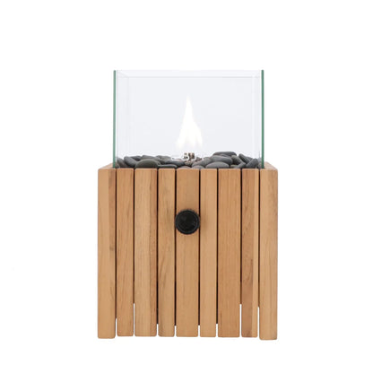 Cosiscoop Teak Square Gas Fire Lantern with Glass Guard & Pebble Stones – Modern Outdoor Wooden Tabletop Firepit 30x20x20cm - Click Style