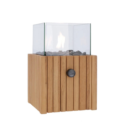 Cosiscoop Teak Square Gas Fire Lantern with Glass Guard & Pebble Stones – Modern Outdoor Wooden Tabletop Firepit 30x20x20cm - Click Style