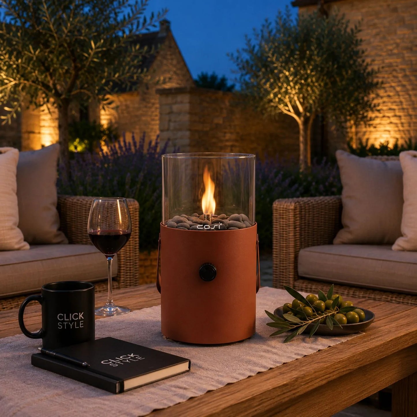 Cosiscoop Terracotta Rust Brown Metal & Glass Outdoor Gas Fire Lantern with Portable Tabletop Design and Carry Handle 30x16x16cm | Click Style