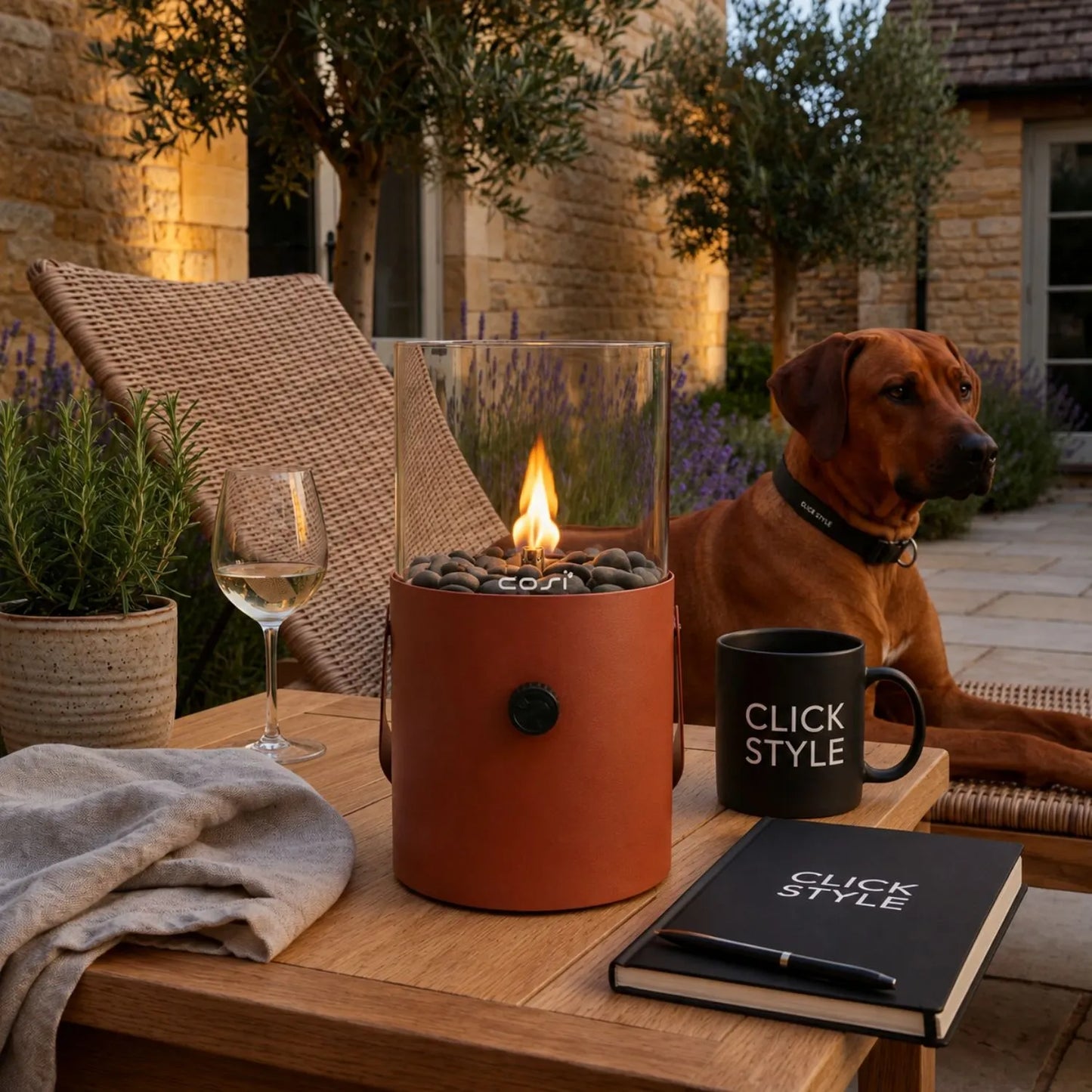 Cosiscoop Terracotta Rust Brown Outdoor Gas Fire Lantern with Cylindrical Metal & Glass Design and Carry Handle 30x16x16cm | Click Style