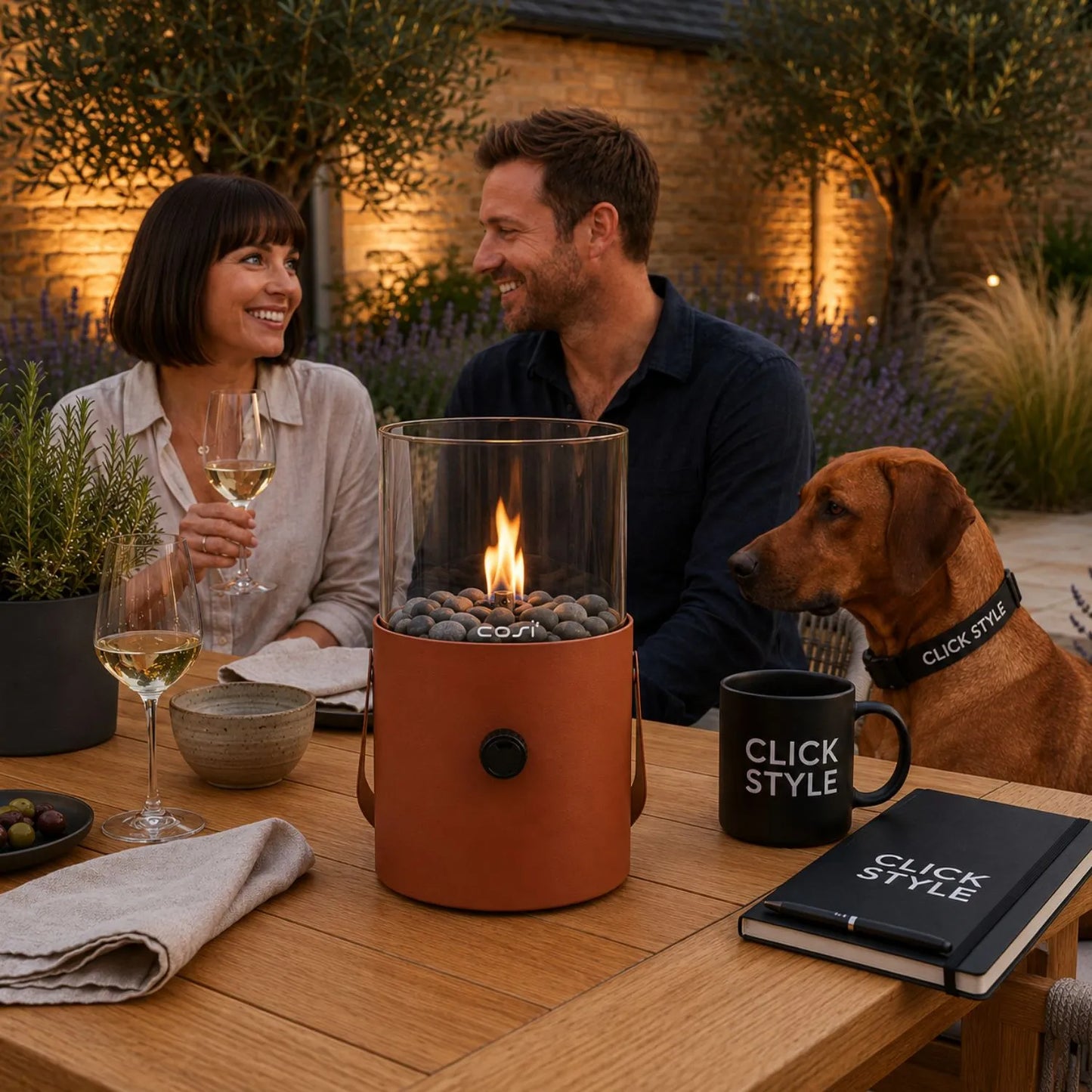 Cosiscoop Terracotta Rust Brown Freestanding Outdoor Tabletop Gas Fire Lantern with Metal & Glass Construction and Carry Handle 30x16x16cm | Click Style