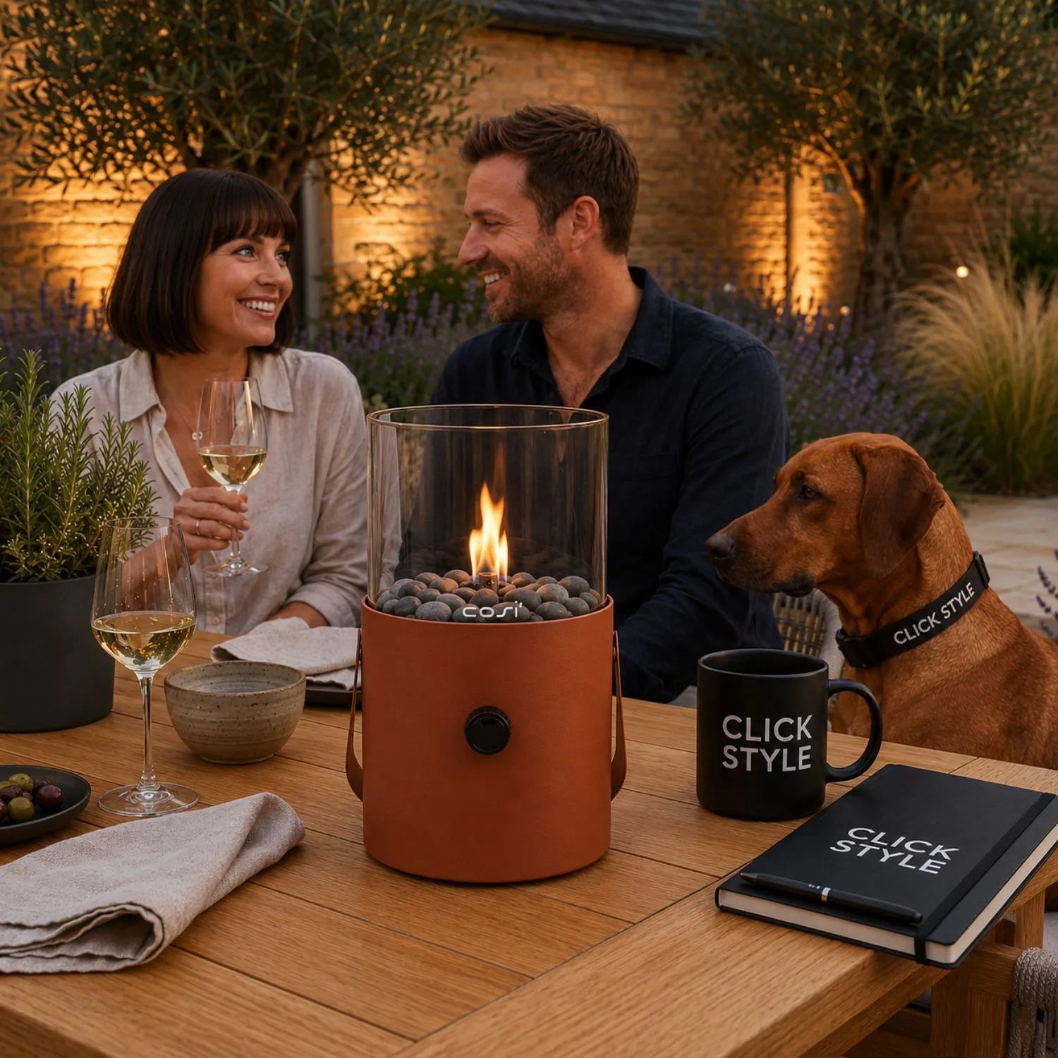 Cosiscoop Terracotta Rust Brown Freestanding Outdoor Tabletop Gas Fire Lantern with Metal & Glass Construction and Carry Handle 30x16x16cm | Click Style