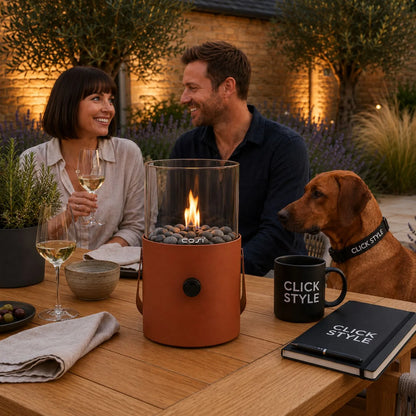 Cosiscoop Terracotta Rust Brown Freestanding Outdoor Tabletop Gas Fire Lantern with Metal & Glass Construction and Carry Handle 30x16x16cm | Click Style