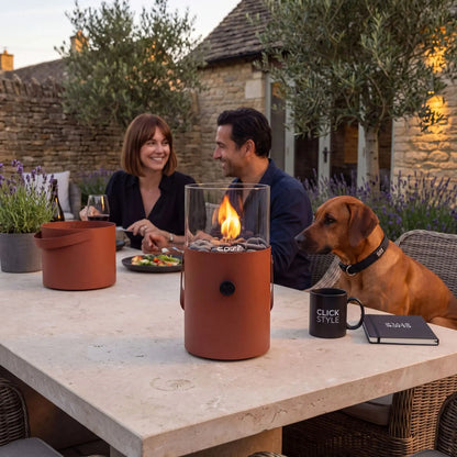 Cosiscoop Terracotta Rust Brown Outdoor Tabletop Gas Fire Lantern with Metal & Glass Body and Carry Handle 30x16x16cm | Click Style