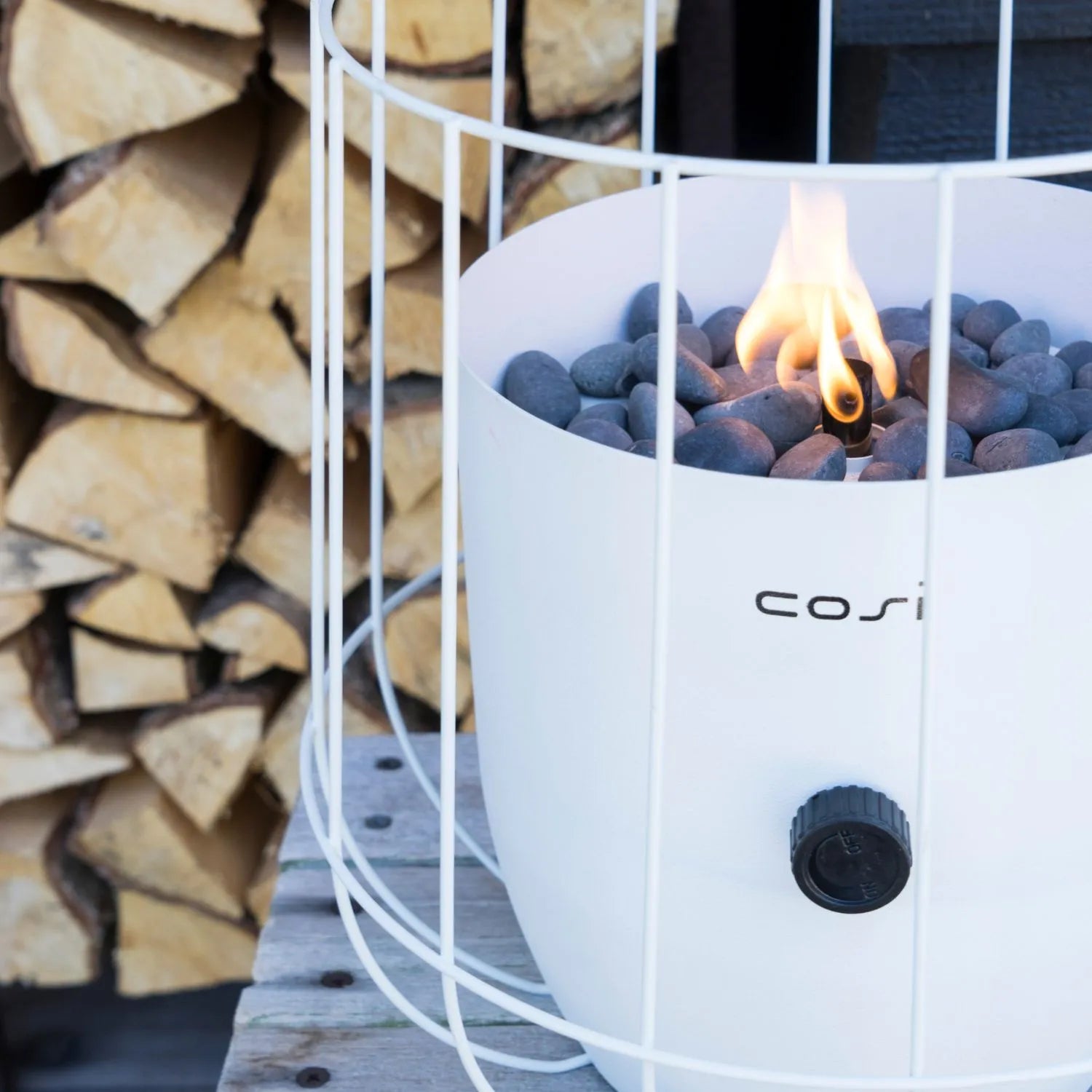 Cosiscoop White Metal Gas Fire Lantern with Wire Basket Frame - Modern Scandi Outdoor Tabletop Firepit 31x26x26 - Click Style